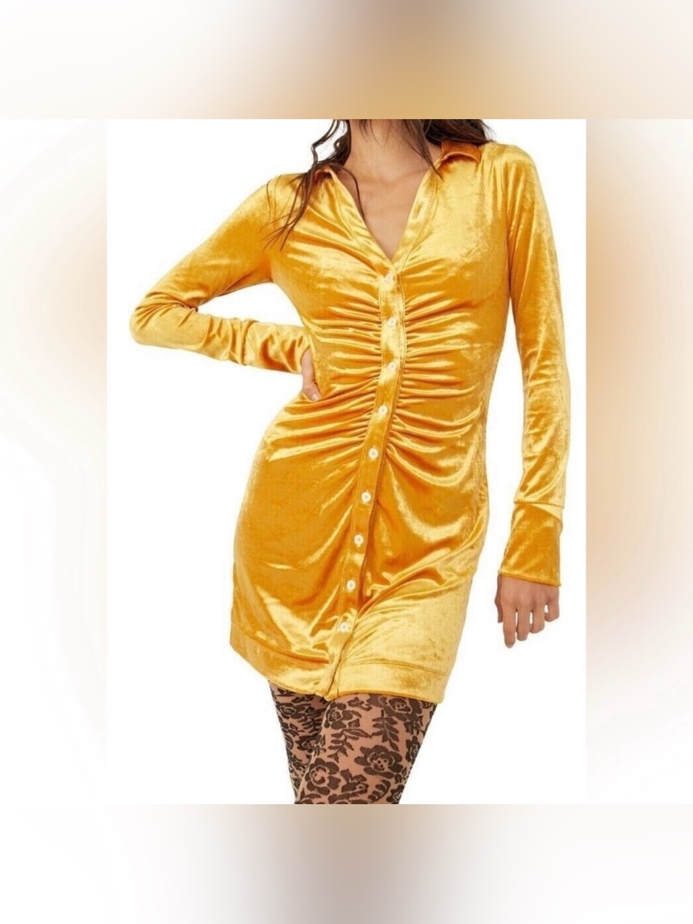 Free People Shayla‎ Velvet Ruched Long Sleeve Mini Dress Yellow Size XS